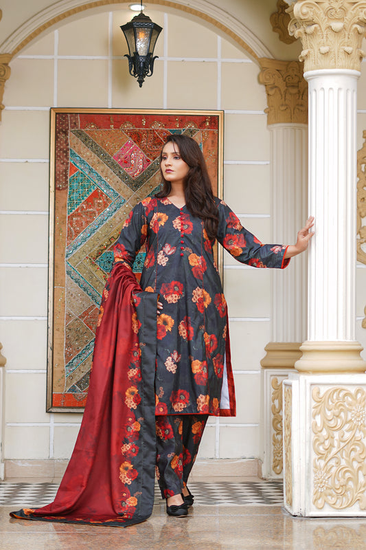 DUSKY BLOOM-3pc digital printed khaddar designed by Qasim Jamshed