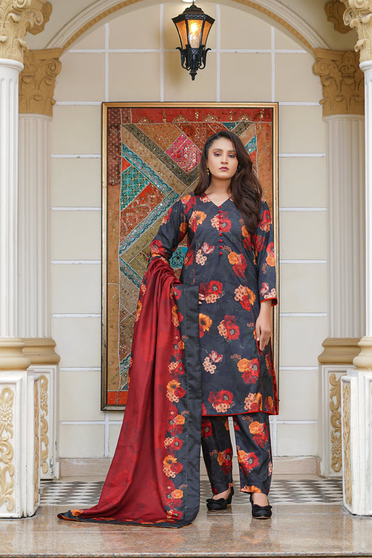 DUSKY BLOOM-3pc digital printed khaddar designed by Qasim Jamshed