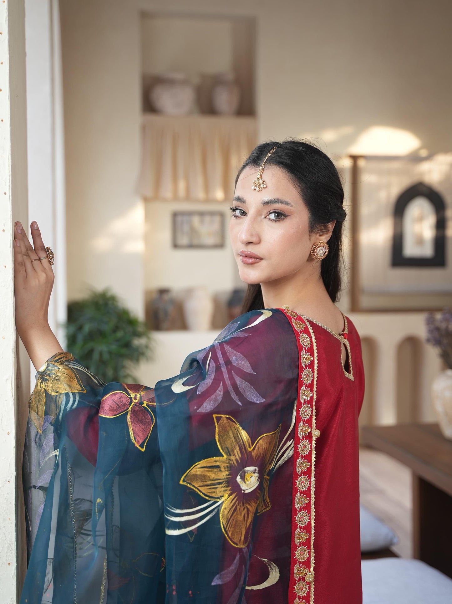 Gul Rez-Red Raw Silk dress with hand painted organza dupatta 3pc outfit by Momina Khan