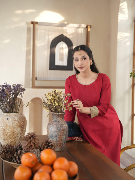 Gul Rez-Red Raw Silk dress with hand painted organza dupatta 3pc outfit by Momina Khan