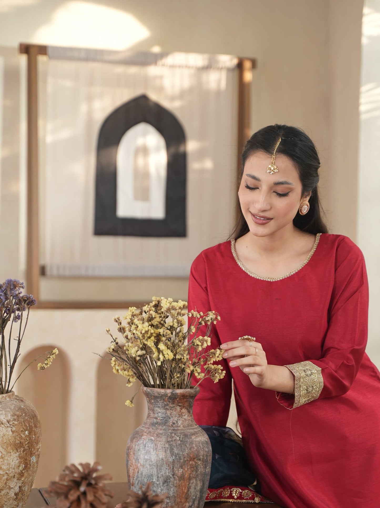 Gul Rez-Red Raw Silk dress with hand painted organza dupatta 3pc outfit by Momina Khan